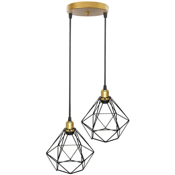 Imagem de Lustre Pendente Aramado Duplo Diamante Dourado/Preto Cabo Regulável Luminária Agp Ilumini