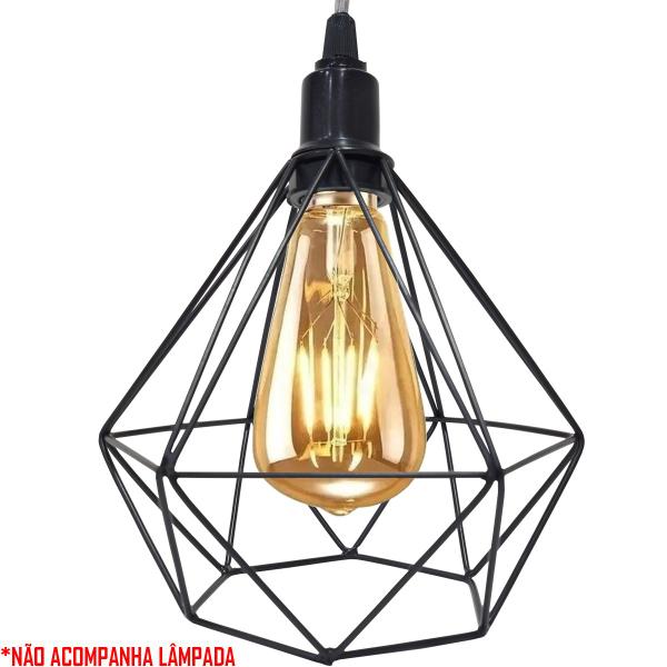 Imagem de Lustre Pendente Aramado Triplo Diamante Cabo Cristal Regulável Preto Luminária Agp Ilumini