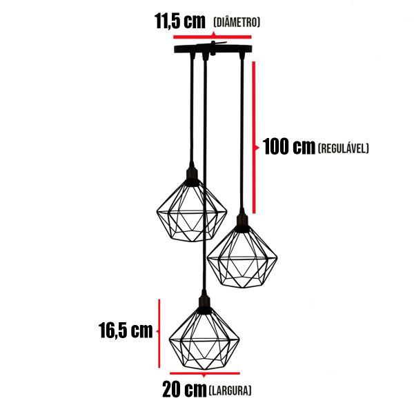 Imagem de Lustre Pendente Aramado Triplo Diamante Cabo Regulável Luminária Agp Ilumini Retro