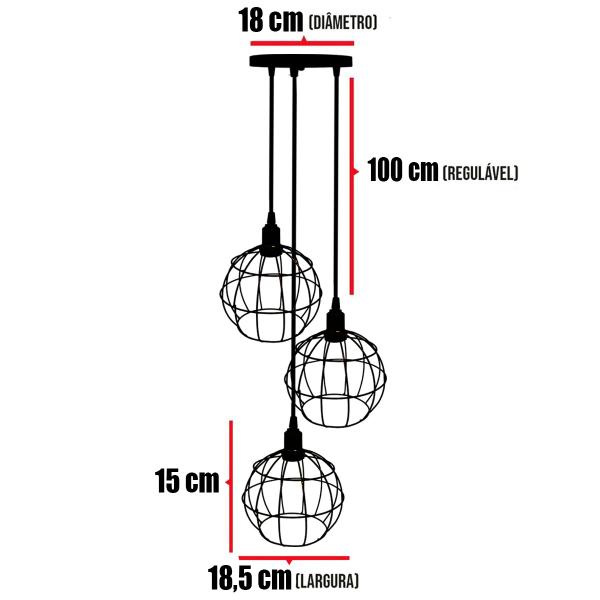 Imagem de Lustre Pendente Aramado Triplo Globo Dourado Cabo Regulável Luminária Agp Ilumini Retro