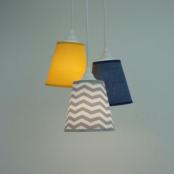 Imagem de Lustre Pendente Cacho Infantil 3 Cúpulas Chevron Cinza, Jeans e Amarelo