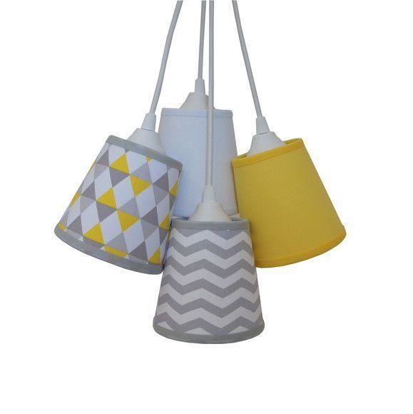 Imagem de Lustre Pendente Cacho Zig Zag 4 Cúpulas Tecidos Amarelo, Cinza e Branco