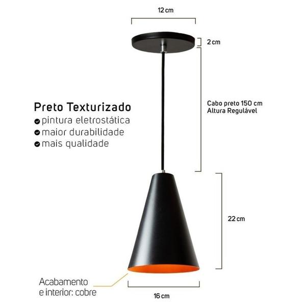 Lustre Pendente Cone Preto Refletor - Nova Lume Imagem de Lustre Pendente Cone Preto Refletor