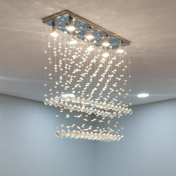 Imagem de Lustre Pendente de cristal para sala de jantar/estar com 70cm de Altura, Base de Inox Espelhado 20x70cm - Casa Cristalle