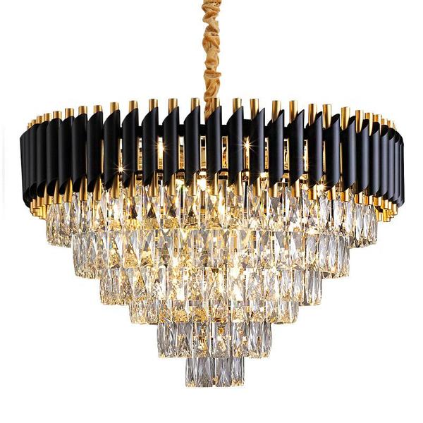 Imagem de Lustre Pendente Em Cristal K9 Legitimo Alto Brilho Preto e Dourado Redondo Grande Moderno P/ Sala Estar Jantar Escada Pé Direito Duplo Loja Closet