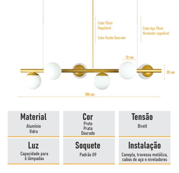 Imagem de Lustre Pendente Figo com 6 Globos Esfera de Vidro - Ouro