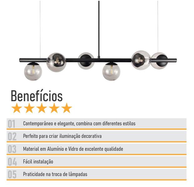 Imagem de Lustre Pendente Figo PRETO - 6 Globos Esfera de Vidro Fumê 