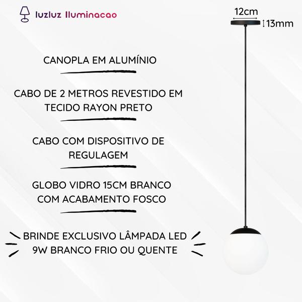 Imagem de Lustre pendente globo bola vidro led jabuticaba stuttgart preto - branco frio