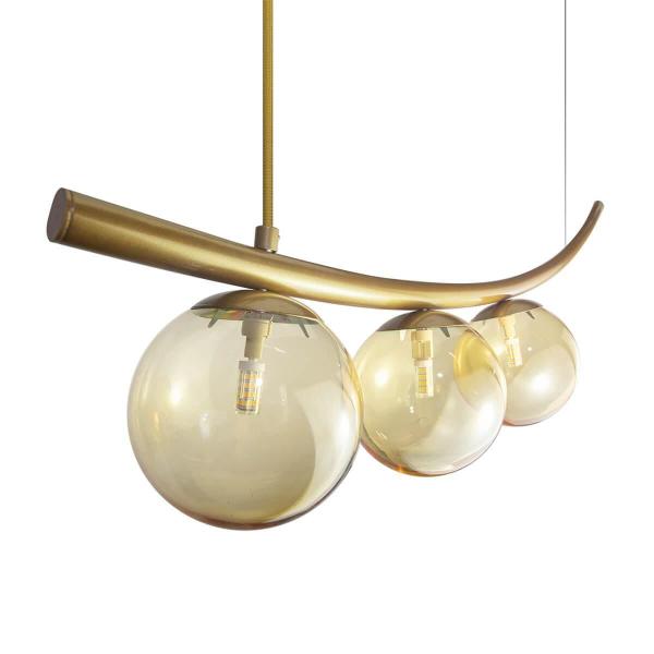 Imagem de Lustre Pendente Katana Ouro 3 Globos Esfera Vidro Ambar