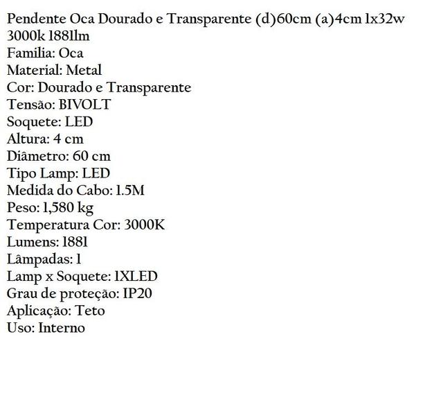 Imagem de Lustre Pendente Led Oca Dourado E Transparente Bella Gd001