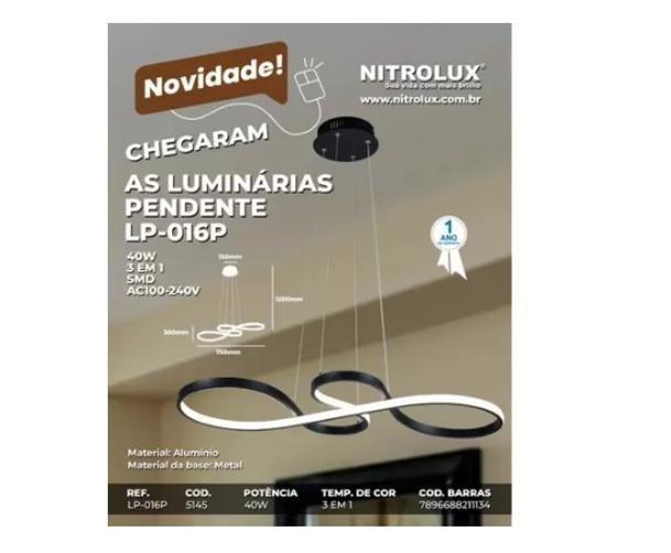 Lustre Pendente Led Smd 40W Design Moderno Preto Luz 3Em1 - Nitrolux Imagem de Lustre Pendente Led Smd 40W Design Moderno Preto Luz 3Em1