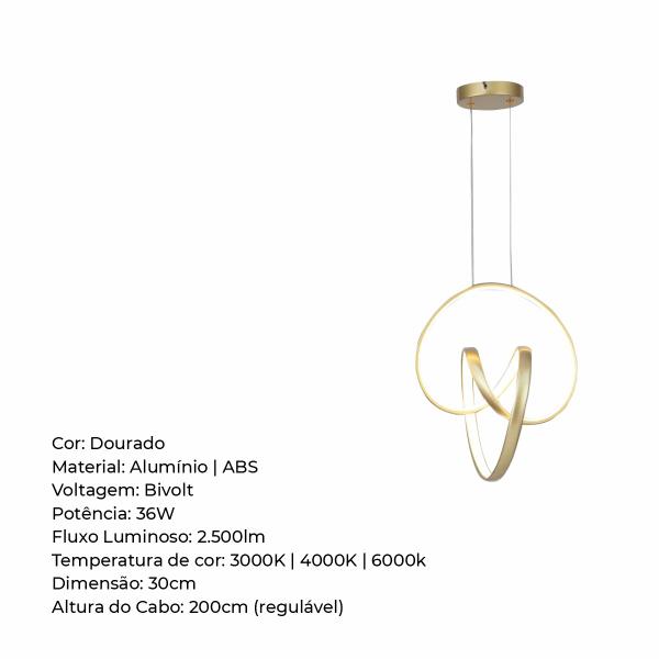 Imagem de Lustre Pendente Lumier Micenas 36W 30cm led 3temperaturas de cor moderno Dourado Bivolt