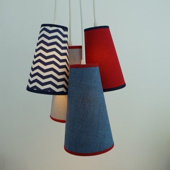 Imagem de Lustre Pendente Luminária Cacho Chevron 4 Cúpulas Tecidos Vermelho e Azul