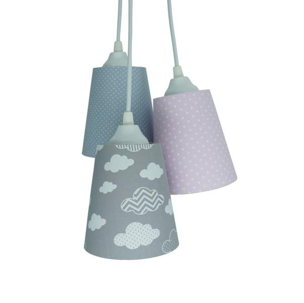 Imagem de Lustre Pendente Luminária Infantil Tecido Nuvens Cinza e Rosa