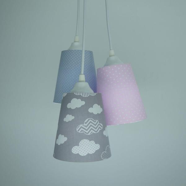 Imagem de Lustre Pendente Luminária Infantil Tecido Nuvens Cinza e Rosa