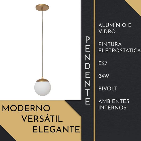 Imagem de Lustre Pendente Luminaria Lâmpada Bola Leitosa Dourado Moderno Decoração Claci