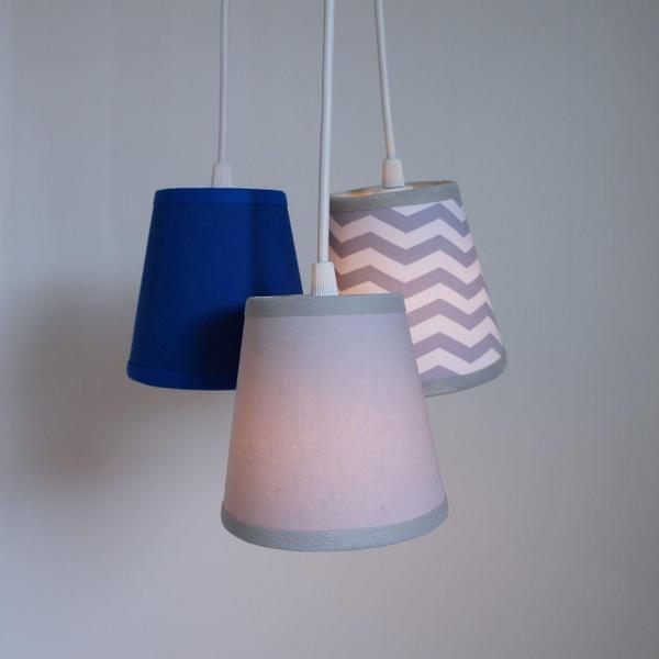 Imagem de Lustre Pendente Luminária Tripla Tecido Chevron Cinza e Azul Bic