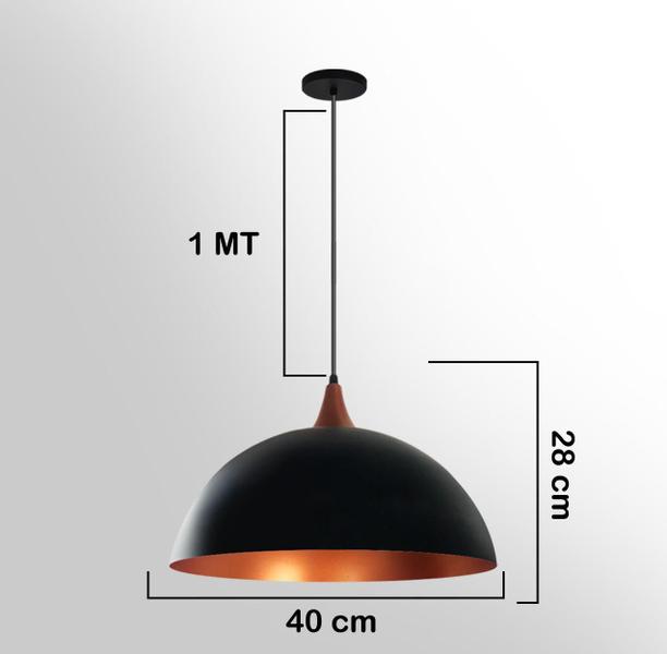 Imagem de Lustre Pendente Meia Lua 40Cm Chapéu Preto Interior Cobre