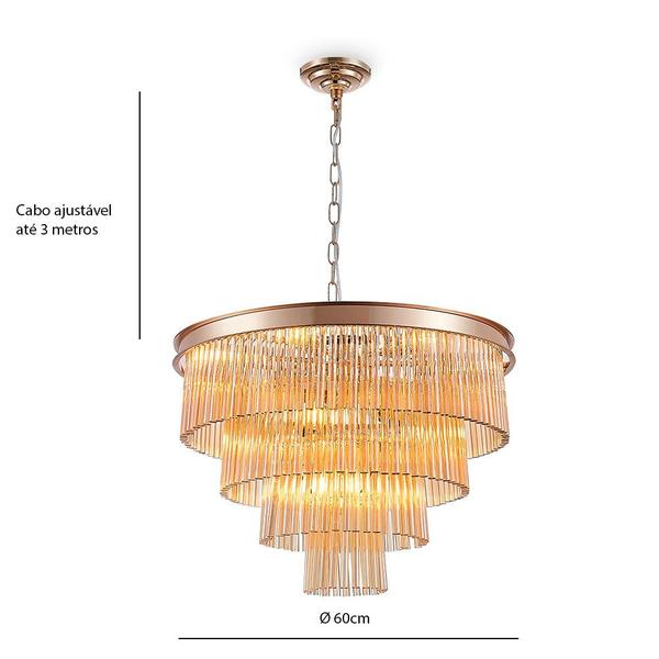 Imagem de Lustre Pendente Metal Com Vidro Conhaque e French Gold 60cm Tier Para 12 Lâmpadas