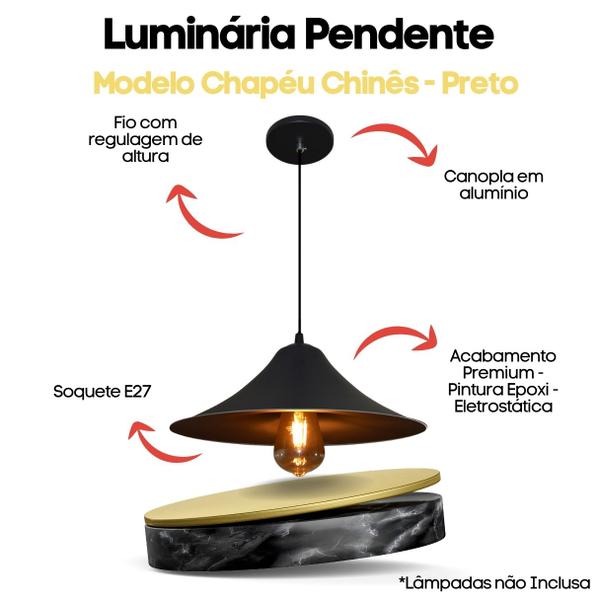 Imagem de Lustre Pendente Modelo Chapéu Chines - Ideal Para Mesa De Bilhar, Sinuca, Mesa de Jantar - Cor Preto E Interior Preto - 110v/220v (bivolt)