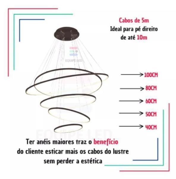 Imagem de Lustre Pendente Moderno Anéis 5 Arco Pe Direito Duplo Preto