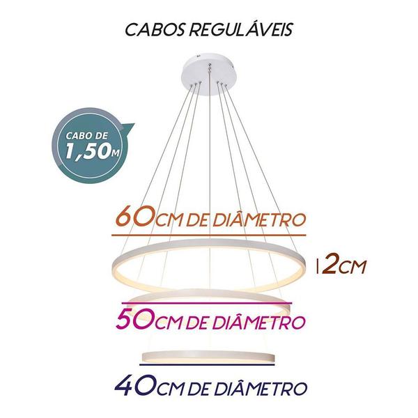 Imagem de Lustre Pendente Moderno Anéis Led 89w 3 Arcos Branco St517