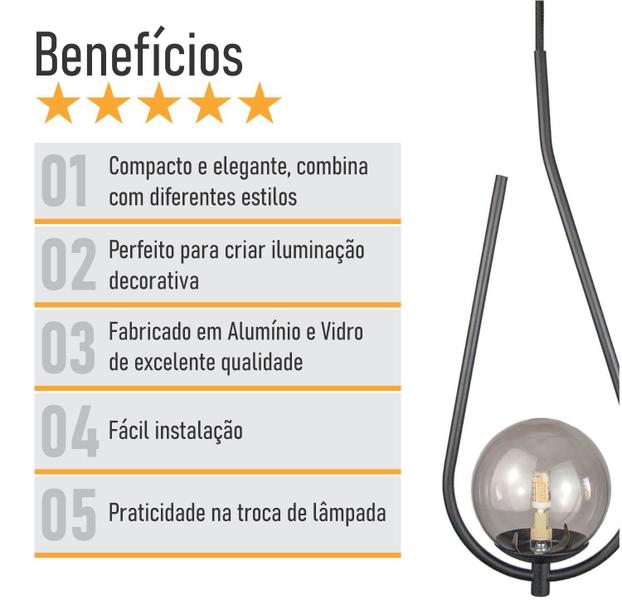 Imagem de Lustre Pendente ON DROP - PRETO com globo de vidro fumê