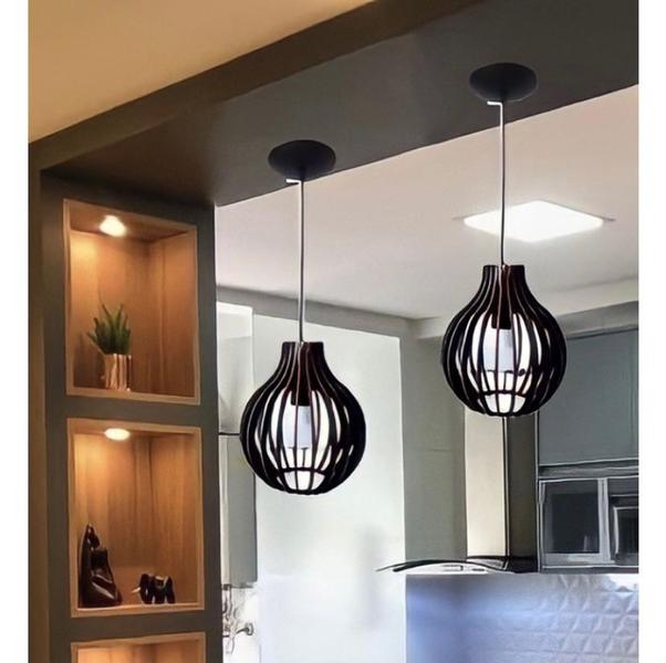 Imagem de Lustre Pendente Preto Cozinha Bancada Madeira Iluminação Residencial - 2 Peças