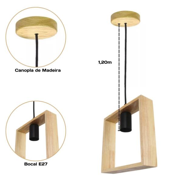 Imagem de Lustre Pendente Rústico Formato Quadro Em Madeira Canopla Regulável 1,20M Para Teto Fio PP Bocal Soquete E27 Bivolt