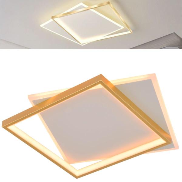 Imagem de Lustre Plafon Sobrepor Teto Led Moderno 40x40cm Arco Quadrado Duplo Branco e Dourado Luz Branco Quente 3000K 46W Bivolt 110V 220V Para Quarto Casal