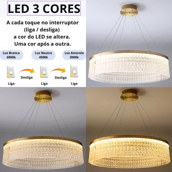 Imagem de Lustre Redondo 136cm x 60cm LED 80 Cristais 3 Cores Multitemperatura Teto Gimpo KJDD-L-448-60CM