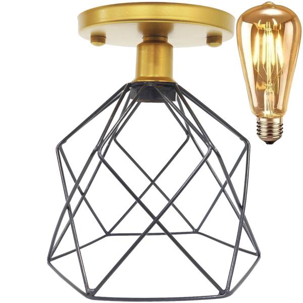 Imagem de Lustre Teto Plafon + Lâmpada Led Industrial Aramado Cálice Preto Retrô Luminária Vintage Dourado