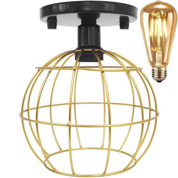 Imagem de Lustre Teto Plafon + Lâmpada Led Industrial Aramado Globo Dourado Retrô Luminária Vintage Preto