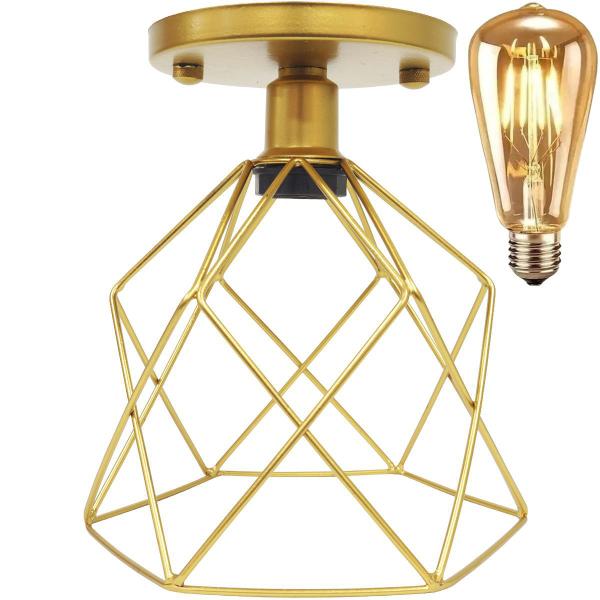 Imagem de Lustre Teto Plafon + Lâmpada Led St64 Industrial Aramado Cálice Retrô Luminária Vintage Dourado