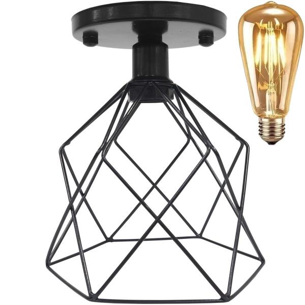 Imagem de Lustre Teto Plafon + Lâmpada Led St64 Industrial Aramado Cálice Retrô Luminária Vintage Preto