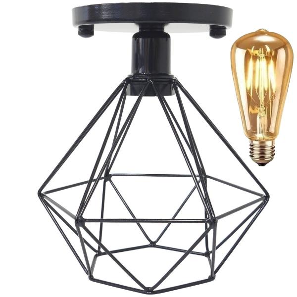 Imagem de Lustre Teto Plafon + Lâmpada Led St64 Industrial Aramado Diamante Retrô Luminária Sobrepor Vintage