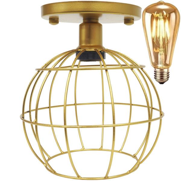 Imagem de Lustre Teto Plafon + Lâmpada Led St64 Industrial Aramado Globo Retrô Luminária Vintage Dourado