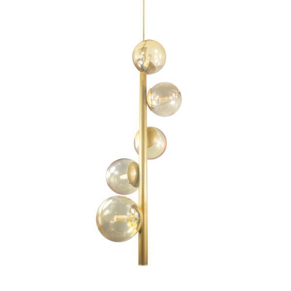 Imagem de Lustre Vertical Figo OURO - 5  Globos Esfera de Vidro Âmbar