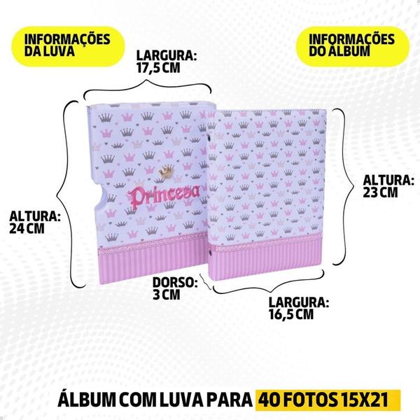 Imagem de Luva Álbum 40 fotos 15x21 Princesa LUXO COROA ROSA Bebê