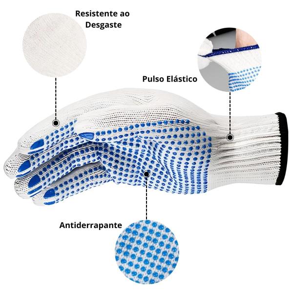 Imagem de Luva Branca Pigmentada Tricotada Segurança EPI Canteiro Obra  Fertak  Kit 12 Pares