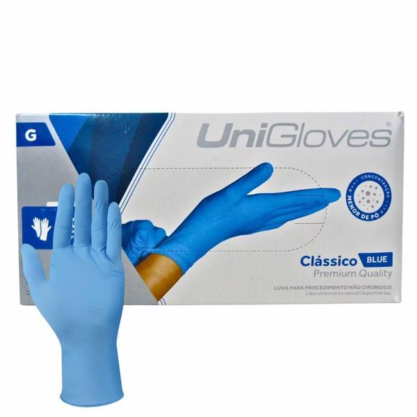 Luva Com Pó Unigloves Clássico Blue Tam:g C/100un Imagem de Luva Com Pó Unigloves Clássico Blue Tam:g C/100un