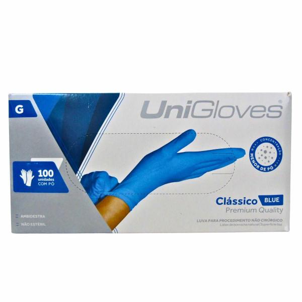 Luva Com Pó Unigloves Clássico Blue Tam:g C/100un Imagem de Luva Com Pó Unigloves Clássico Blue Tam:g C/100un