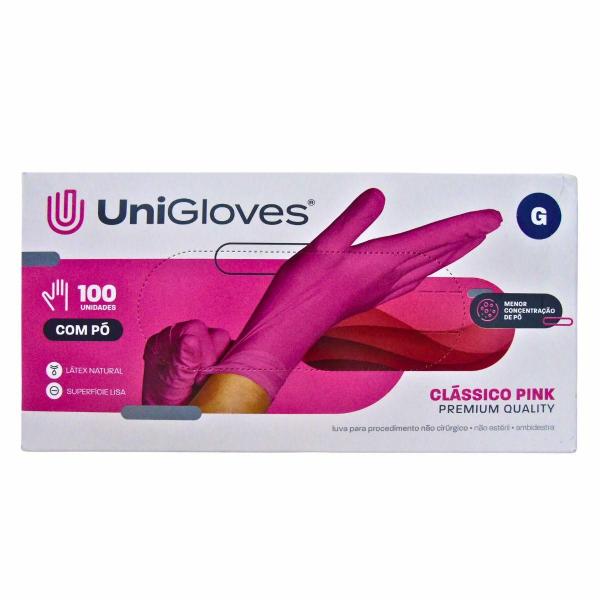 Luva Com Pó Unigloves Clássico Pink Tam:g C/100un Imagem de Luva Com Pó Unigloves Clássico Pink Tam:g C/100un