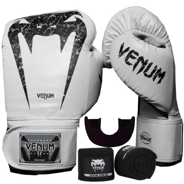 Luva De Boxe Venum Giant Brasil Branca + Bandagem Preta 4M + Protetor Bucal Preto - Venum Imagem de Luva De Boxe Venum Giant Brasil Branca + Bandagem Preta 4M + Protetor Bucal Preto - Venum