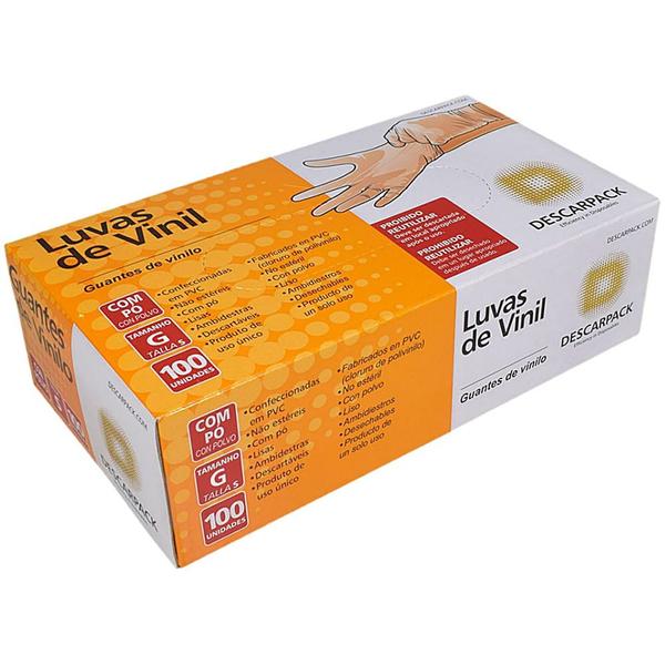 Luva de Vinil Descarpack Transparente com Pó Tam G - 100 unidades Imagem de Luva de Vinil Descarpack Transparente com Pó Tam G - 100 unidades