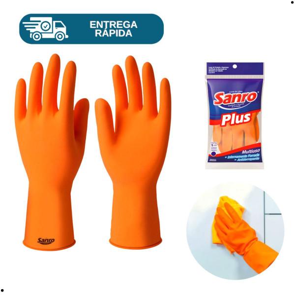 Imagem de Luva Látex Natural Sanro Plus Laranja Forro Flocada de Virola Antiderrapante de Limpeza Casa Trabalho com CA6110 Tamanho M