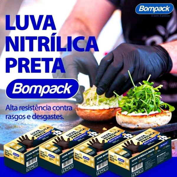 Imagem de Luva Nitrílica Descartável Ambidestra Preta Sem Pó Bompack - CX 100 Unidades