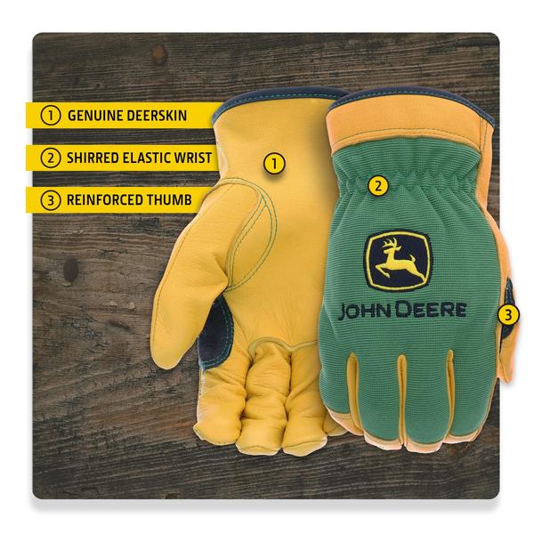 Imagem de Luvas masculinas John Deere JD00008-L de couro de pele de veado de grão superior, resistente à abrasão, resistente à água, bronzeado, verde, grande