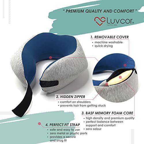 Imagem de Luvcor Premium Quality Memory Memory Espuma Travel Neck Pillow Bundle - Melhor Travesseiro Ergonômico para Viagem de Avião, Passeio de Carro, Dormir. Vem com máscara de olho, tampões de ouvido e saco de armazenamento. (Cinza Espacial)