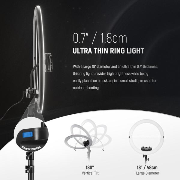 Imagem de Luz de anel profissional NEEWER com suporte e suporte para telefone, ultrafina de 18 polegadas, 45 W 2900K-7000K TLCI98, obturador remoto e controle de aplicativos, iluminação mais suave para maquiagem Live Stream TikTok, RP18B Pro Black